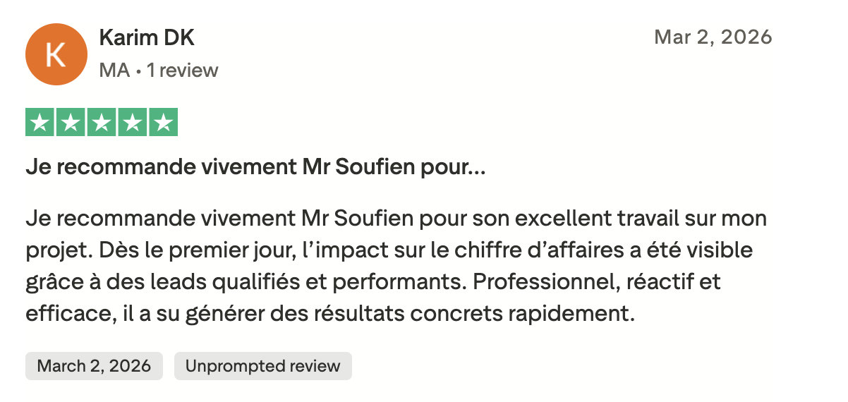 Avis client vérifié sur Trustpilot — résultats Meta Ads
